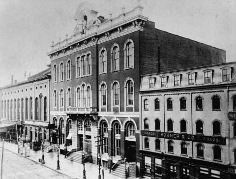 Exterior of Tammany Hall on East 14th Street, New York City, 1900s. (Photo by Hulton Archive/Getty Images)