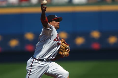 ATLANTA – OCTOBER 2: Shortstop Rafeal  Furcal #1 of the Atlanta Braves drills a throw in Game one of the National League Divisional Series against the Atlanta Braves at Turner Field on October 2, 2002 in Atlanta, Georgia. The Giants won 8-5. (Photo by Jamie Squire/Getty Images)