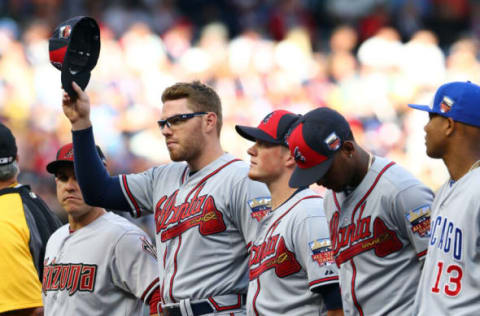 Freddie Freeman, Craig Kimbrel, and Julio Teheran of the Atlanta Braves at the 2014 All-Star Game (Photo by Elsa/Getty Images)