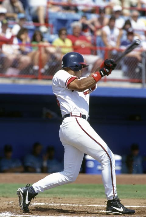 In 1990, Atlanta Braves prospect David Justice, #23, joined the team in May and stayed through 1996. (Photo by Focus on Sport/Getty Images)