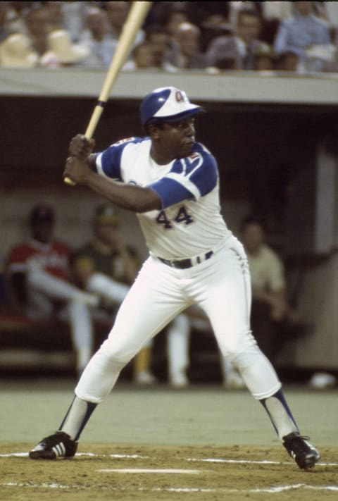 Atlanta Braves legend Hank Aaron as he appeared in the 1974 Major League Baseball All-Star Game. (Photo by Focus on Sport/Getty Images)