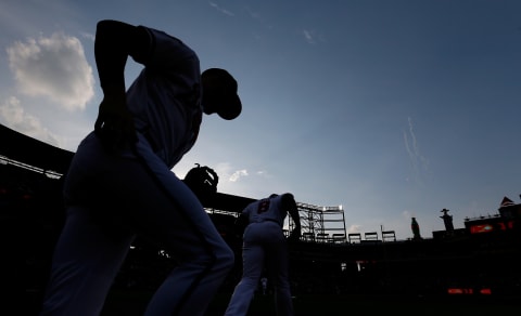 ATLANTA, GA – Justin Upton #8 and Freddie Freeman #5 of the Atlanta Braves enter the field to face the Boston Red Sox at Turner Field on May 27, 2014. (Photo by Kevin C. Cox/Getty Images)