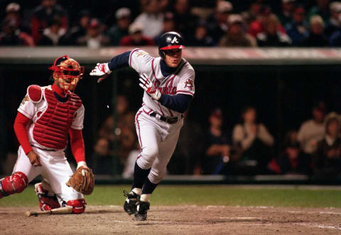 24 Oct 1995: Chipper  Jones of the Atlanta Braves runs to first base during a game against the Cleveland Indians at the Jacobs Field in Cleveland, Ohio.The Indians defeated the Braves 7-6.