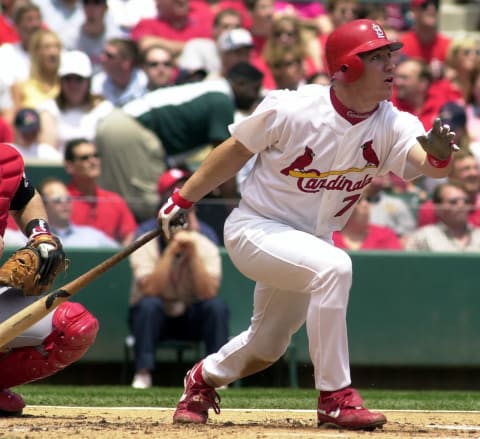 J.D. Drew hits his career-high 19th home run 02 June, 2001 at Busch Stadium (AFP PHOTO SCOTT ROVAK (Photo credit should read SCOTT ROVAK/AFP via Getty Images)