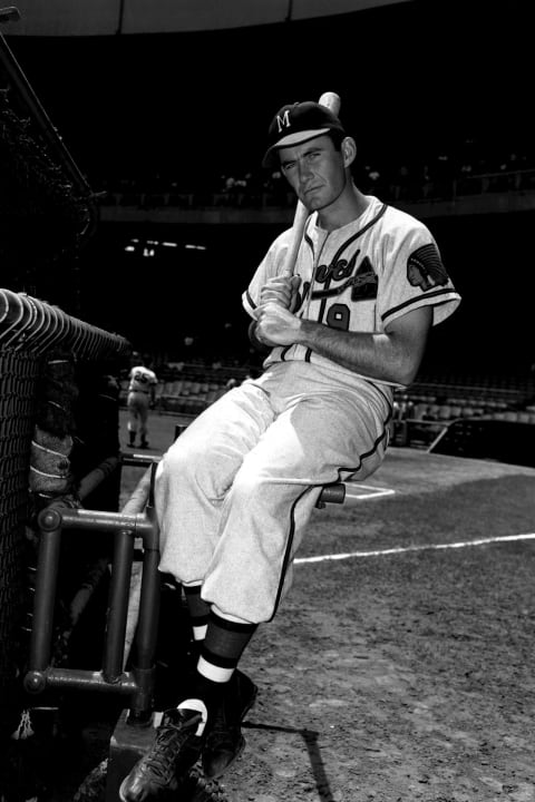 Milwaukee Braves’ first baseman Joe Adcockat the Polo Grounds in 1953. (Photo by: Kidwiler Collection/Diamond Images/Getty Images)