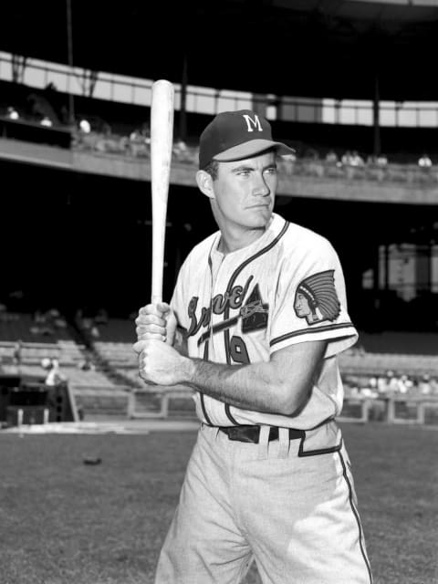 Milwaukee Braves First baseman Joe Adcock at the Polo Grounds. (Photo by: Kidwiler Collection/Diamond Images/Getty Images)