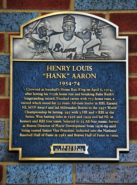 Atlanta Braves Hall of Fame outfielder Hank Aaron’s plaque in the Monument Grove at Truist park. (Photo by Scott Cunningham/Getty Images)