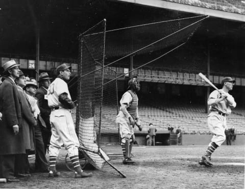 Atlanta Braves Franchise number four outfielder Wally Berger moved to the Giants where manager Bill Terry, on left, used him to rest Jimmy Ripple (taking batting practice during the 1937 World Series). (Photo by Mark Rucker/Transcendental Graphics, Getty Images)