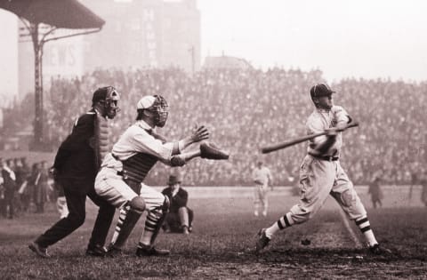 Former Atlanta Braves Franchise catcher waits to receive the ball in a game played before the King of England in London in November 1924 (Photo by Mark Rucker/Transcendental Graphics, Getty Images)