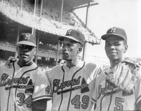Braves Juan Pizarro, Humberto Robinson, and Felix Mantilla at Yankee Stadium before the start of game three of the World Series on October 4, 1958. (Photo by Mark Rucker/Transcendental Graphics, Getty Images)