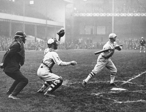 Former Atlanta Braves Franchise catcher Hank Gowdy during an exhibition game at Goodison Park in Liverpool, England. (Photo by Mark Rucker/Transcendental Graphics, Getty Images)