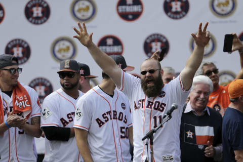 HOUSTON, TX – NOVEMBER 03: Evan Gattis #11 of the Houston Astros. (Photo by Tim Warner/Getty Images)