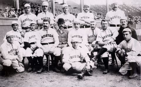 Atlanta Braves forerunners, the 1892 Boston Beaneaters pose for a team picture with Hall of Famers King Kelly (middle row third from left), Kid Nichols (top row middle), John Clarkson (middle row, far right), and Hugh Duffy (front row, far right). (Photo by Mark Rucker/Transcendental Graphics, Getty Images)