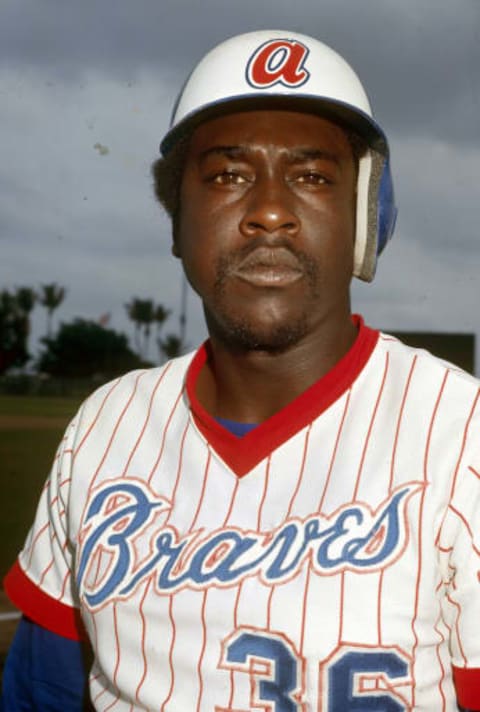 WEST PALM BEACH, FL – CIRCA 1978: Gary Matthews #36 of the Atlanta Braves poses for this portrait prior to the start of a Major League Baseball a spring training game circa 1978 at Champion Stadium in West Palm Beach, Florida. Matthews played for the Braves from 1977-80. (Photo by Focus on Sport/Getty Images) *** Local Caption *** Gary Matthews