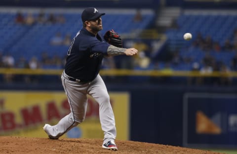 ST. PETERSBURG, FL – MAY 9: Pitcher Peter Moylan #30 of the Atlanta Braves pitches during the eighth inning of a game against the Tampa Bay Rays on May 9, 2018 at Tropicana Field in St. Petersburg, Florida. (Photo by Brian Blanco/Getty Images)