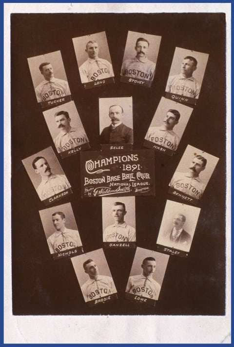 Atlanta Braves forerunner the Boston Beaneaters 1891 NL championship team, Herman Long, Harry Stovey, Mike ‘King’ Kelly, Billy Nash, John Clarkson, Charlie Bennett, and Bobby Lowe. (Photo by Mark Rucker/Transcendental Graphics/Getty Images)