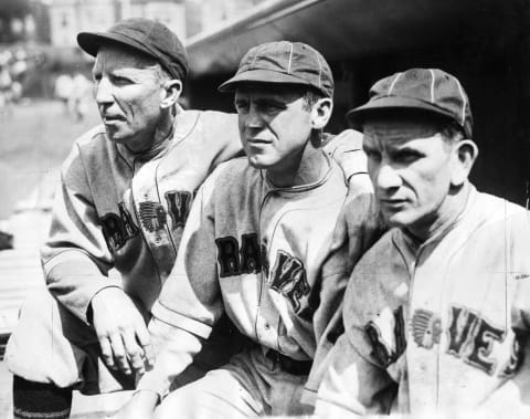 Atlanta Braves franchise number two shortstop Rabbit Maranville poses beside (L) Hank Gowdy and (C)George Sisler, all veterans on the 1930 Boston Braves. (Photo by Mark Rucker/Transcendental Graphics, Getty Images)