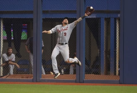 TORONTO, ON – JULY 1: Nicholas Castellanos #9 of the Detroit Tigers makes a catch in the fourth inning during MLB game action against the Toronto Blue Jays at Rogers Centre on July 1, 2018 in Toronto, Canada. (Photo by Tom Szczerbowski/Getty Images)