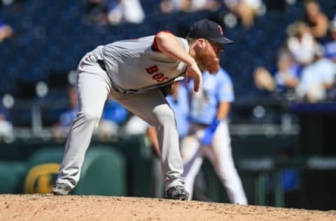 KANSAS CITY, MO – JULY 08: Craig Kimbrel #46 of the Boston Red Sox checks the sign before the pitch during the ninth inning against the Kansas City Royals at Kauffman Stadium on July 8, 2018 in Kansas City, Missouri. (Photo by Brian Davidson/Getty Images)