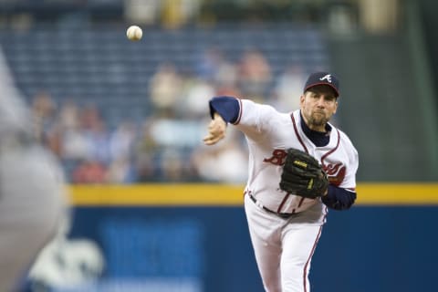 John Smoltz pitches during the first inning against the Washington Nationals (Photo by Paul Abell/Atlanta Braves/MLB Photos via Getty Images)