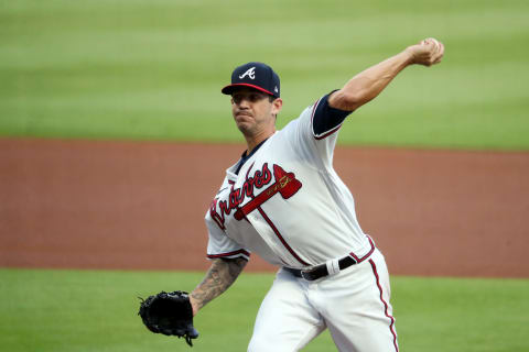 Atlanta Braves starting pitcher Tommy Milone early in The 29 Run Game. Mandatory Credit: Jason Getz-USA TODAY Sports