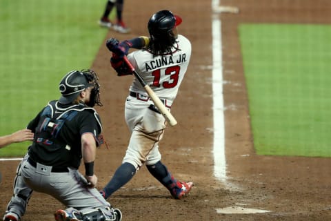 Atlanta Braves outfielder Ronald Acuna hits a 6th inning double during the rout. Mandatory Credit: Jason Getz-USA TODAY Sports