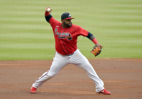 Atlanta Braves third baseman Pablo Sandoval makes the first post-season roster. Mandatory Credit: John David Mercer-USA TODAY Sports