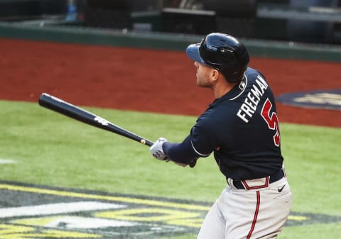 This is a homer for Atlanta Braves 1B Freddie Freeman… though it appears he might not be sure about it. Mandatory Credit: Kevin Jairaj-USA TODAY Sports