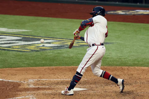 Atlanta Braves center fielder Cristian Pache homers during the NLCS. Mandatory Credit: Kevin Jairaj-USA TODAY Sports