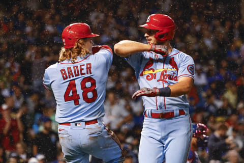 Could Cardinals CF Harrison Bader (48) become a trade target for the Atlanta Braves? Mandatory Credit: Kamil Krzaczynski-USA TODAY Sports