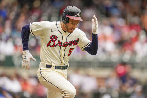 Atlanta Braves 1st baseman Freddie Freeman runs for a score against the Tampa Bay Rays. Mandatory Credit: Dale Zanine-USA TODAY Sports