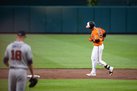 Orioles 1st baseman Ryan Mountcastle after a 1st inning homer off Atlanta Braves pitcher Drew Smyly. Mandatory Credit: Scott Taetsch-USA TODAY Sports