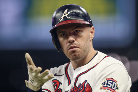 Atlanta Braves first baseman Freddie Freeman reacts after hitting an infield single against the San Francisco Giants. Mandatory Credit: Brett Davis-USA TODAY Sports