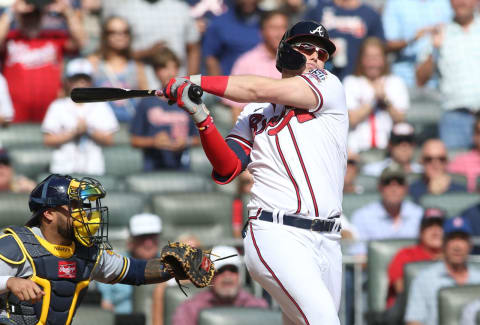 Another angle: Joc Pederson hits a three-run home run for the Atlanta Braves against the Milwaukee Brewers. Mandatory Credit: Brett Davis-USA TODAY Sports