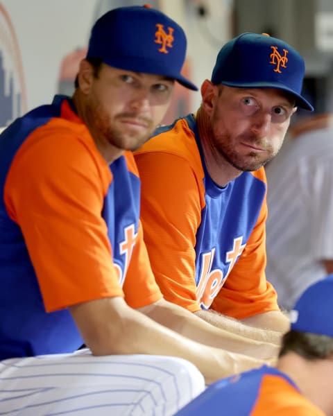 The guys the Atlanta Braves would rather not see more of: New York Mets starting pitchers Jacob deGrom and Max Scherzer. Mandatory Credit: Brad Penner-USA TODAY Sports