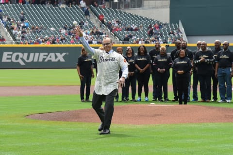 Former Atlanta Braves player and manager Joe Torre throws out the first pitch on the 50th anniversary of Dr. Martin Luther King, Jr.’s assassination. Mandatory Credit: Dale Zanine-USA TODAY Sports