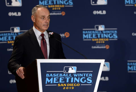 Atlanta Braves fans are tired of seeing MLB commissioner Rob Manfred come to the lectern to announce canceled games. Mandatory Credit: Orlando Ramirez-USA TODAY Sport