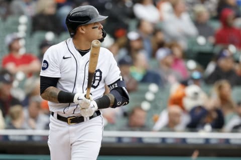 Sep 29, 2022; Detroit, Michigan, USA; Detroit Tigers designated hitter Javier Baez (28) hits at Comerica Park. Mandatory Credit: Rick Osentoski-USA TODAY Sports