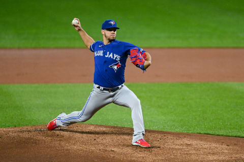 Oct 3, 2022; Baltimore, Maryland, USA; Toronto Blue Jays starting pitcher Jose Berrios (17) throws a first inning pitch against the Baltimore Orioles at Oriole Park at Camden Yards. Mandatory Credit: Tommy Gilligan-USA TODAY Sports