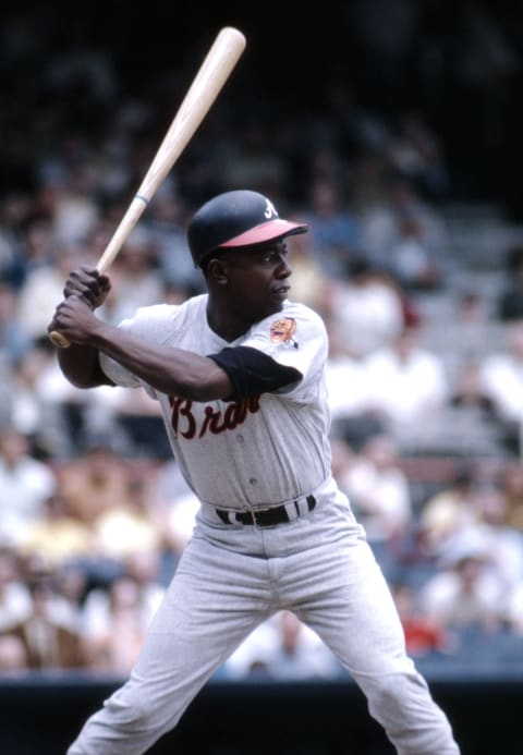 Atlanta Braves Hall of Famer Hank Aaron batted .300/.396/.607/1.003 and hit 44 homers in 1969. Mandatory Credit: Malcolm Emmons-USA TODAY Sports