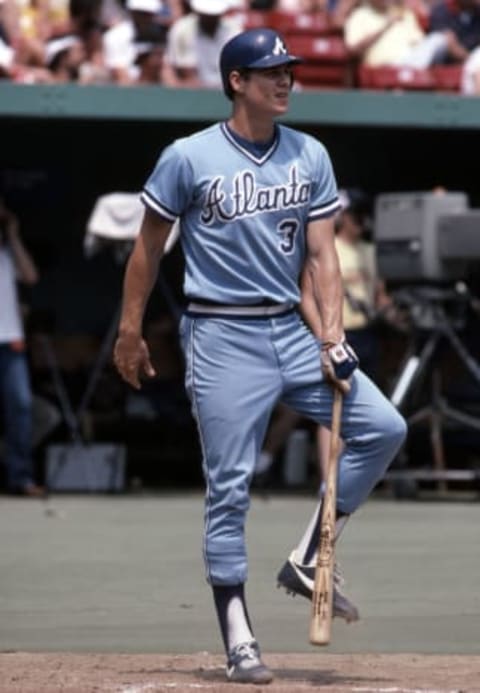 July 1982; Pittsburgh, PA, USA; FILE PHOTO; Atlanta Braves center first baseman Dale Murphy (3) walks up to bat against the Pittsburgh Pirates at Three Rivers Stadium during the 1982 season. Mandatory Credit: Malcolm Emmons-USA TODAY Sports