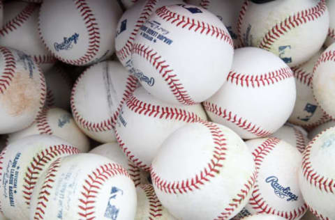 Jul 3, 2015; Atlanta, GA, USA; General view of MLB baseballs on the field before a game between the Philadelphia Phillies and Atlanta Braves at Turner Field. Mandatory Credit: Brett Davis-USA TODAY Sports