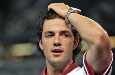 Jul 20, 2015; Phoenix, AZ, USA; First overall pick in the 2015 MLB draft Dansby Swanson looks on after signing with the Arizona Diamondbacks at Chase Field. Mandatory Credit: Matt Kartozian-USA TODAY Sports