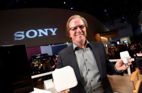 Jan 6, 2016; Las Vegas, NV, USA; Sony Electronics president and chief operating officer Mike Fasulo with the Sony smart bulb and projector during the 2016 Consumer Electronics Show. Mandatory Credit: Jack Gruber-USA TODAY NETWORK