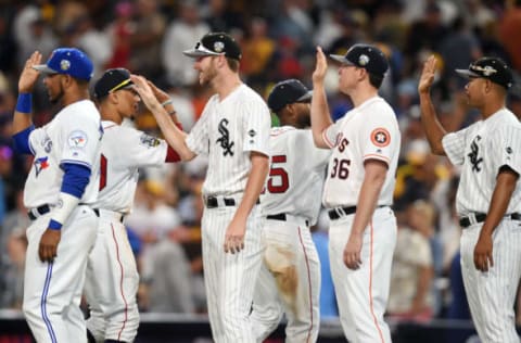 Jul 12, 2016; San Diego, CA, USA; American League players celebrate on the field after defeating the National League in the 2016 MLB All Star Game at Petco Park. Mandatory Credit: Gary A. Vasquez-USA TODAY Sports