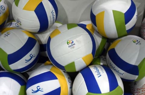 Aug 5, 2016; Rio de Janeiro, Brazil; Olympic logo volleyballs at the 2016 Rio Olympics megastore at Copacabana Beach. Mandatory Credit: Kirby Lee-USA TODAY Sports