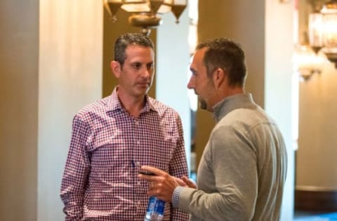 Nov 8, 2016; Scottsdale, AZ, USA; Minnesota Twins general manager Thad Levine (left) and St. Louis Cardinals general manager John Mozeliak during the MLB general managers meeting at the Omni Scottsdale Resort. Mandatory Credit: Mark J. Rebilas-USA TODAY Sports