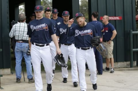 Feb 21, 2017; Disney, FL, USA;Atlanta Braves pitchers leave the batting cages in a practice following media day for the Atlanta Braves during MLB spring training at Champion Stadium. Mandatory Credit: Reinhold Matay-USA TODAY Sports