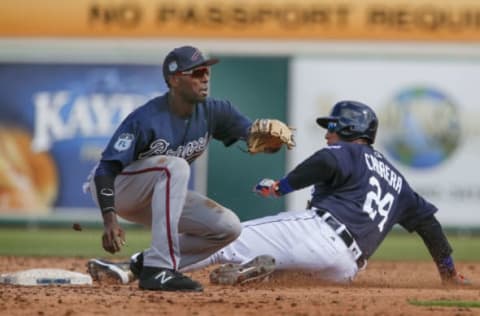 Feb 27, 2017; Lakeland, FL, USA; Detroit Tigers first baseman Miguel Cabrera (24) slides into second base as Atlanta Braves second baseman Travis Demeritte (81) waits on the ball during the third inning of a spring training baseball game at Joker Marchant Stadium. Mandatory Credit: Reinhold Matay-USA TODAY Sports