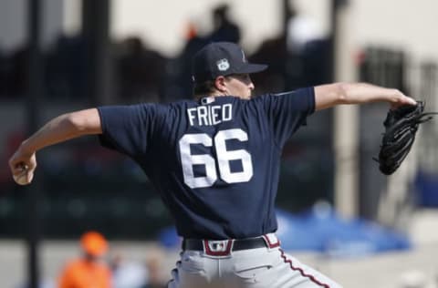 Feb 27, 2017; Lakeland, FL, USA; Atlanta Braves starting pitcher Max Fried (66) throws a pitch during the sixth inning of a spring training baseball game against the Detroit Tigers at Joker Marchant Stadium. Mandatory Credit: Reinhold Matay-USA TODAY Sports